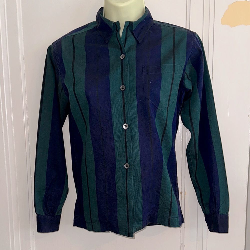 Vintage 60s Rosecrest Striped Green & Blue Long Sleeve‎ Shirt